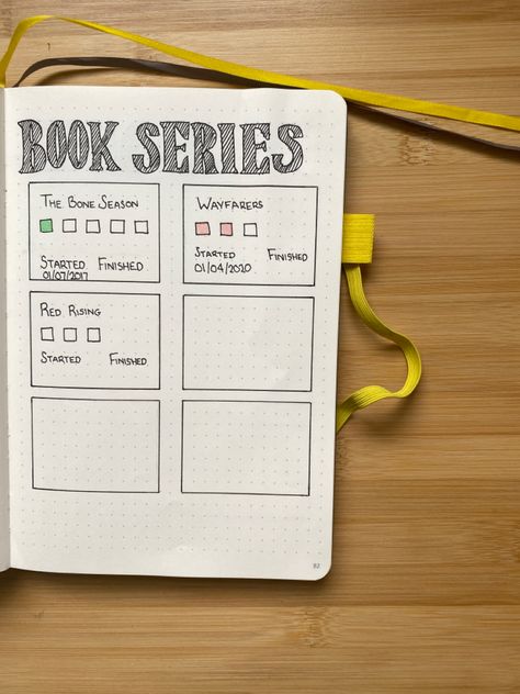 Book series tracker bullet journal to track what books have been read in each series, date started and date finished. Colour in the squares once you’ve read each book and keep track how long it takes you to read the series’. Book Dot Journal, Book Series Journal Page, Reading Journal Book Series Tracker, Series Tracker Book Journal, Book Tracking Journal, Reading Bujo Ideas, Pages Read Tracker Bullet Journal, Book Series Tracker Bullet Journal, Book Journal Series Tracker