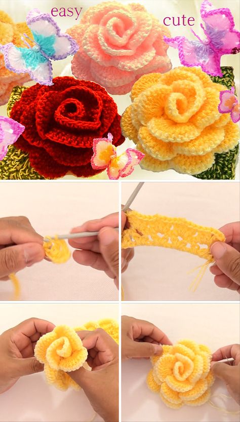 Learn To Make Easy Rose Crochet Flowers | CrochetBeja Roses Au Crochet, Easy Rose, Crochet Rose Pattern, Crochet Puff Flower, Rose Crochet, Crochet Flowers Easy, Crochet Flowers Free Pattern, Crochet Butterfly, Pola Sulam