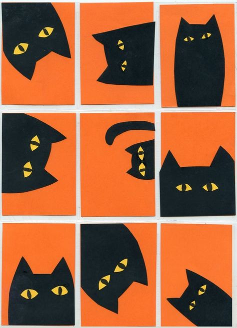 Here's a Halloween idea for a very cute cat collage. Makes for a great series of cards or group work with lots of creative possibilities. Kunst Collages, Illustrator Pattern, Fall Applique, Halloween Art Projects, Cat Collage, Halloween Quilt, 2nd Grade Art, Fall Art Projects, Chat Halloween