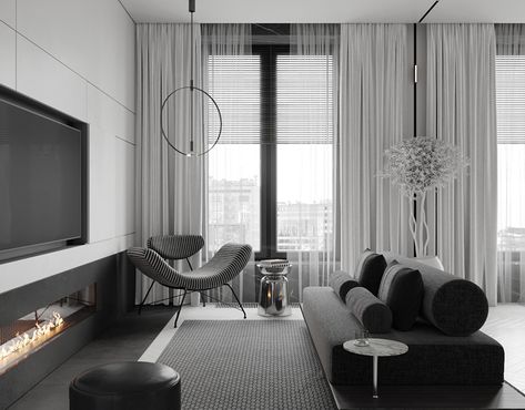 Bedroom/ Спальня on Behance Camino Design, Tv Camino, Switzerland Architecture, Monochrome House, Germany Architecture, Studio In Casa, Modern Exterior Design, Monochrome Living, Monochrome Living Room