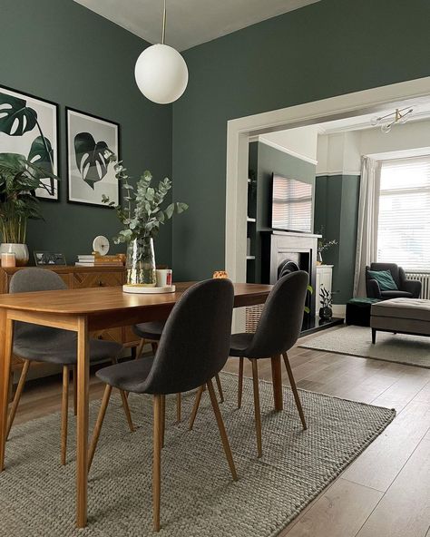 Green Dining Room Walls, Living Room Design Green, Modern Boho Minimalist, Cosy Dining Room, Dining Room Colour Schemes, Green Dining Room, Dining Room Accents, Living Room Dining Room Combo, Dinning Room Design