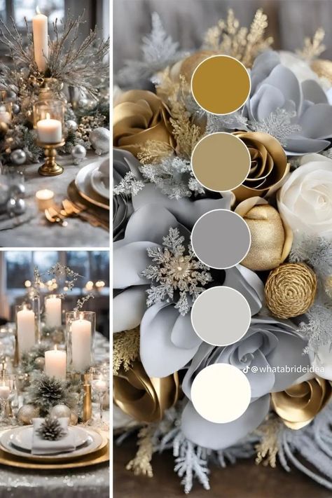 Silver Wedding Palette, Silver And Gold Winter Wedding, Silver Wedding Color Scheme, Gold And Silver Wedding Theme, Winter Theme Wedding Decorations, Wedding Color Palette Winter, Gold And Silver Wedding Decor, Wedding Decorations Color Palettes, Winter Wedding Theme Colors