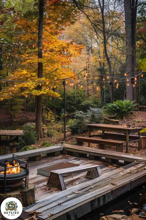 Floating Decks, Rustic Benches, Cozy Fire Pit, Deck Design Ideas, Floating Deck, Early Evening, Rustic Bench, Deck Designs, Enjoy Nature