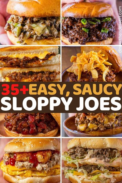 Collage of Sloppy Joes with title across middle Ways To Use Ground Beef, Sloppy Joes Recipes, Cheeseburger Sloppy Joes, Bbq Sloppy Joes, Easy Sloppy Joes, Sloppy Joe Recipes, Grilled Cheese Sloppy Joe, Chicken Sloppy Joes, Sloppy Joe Recipe Easy