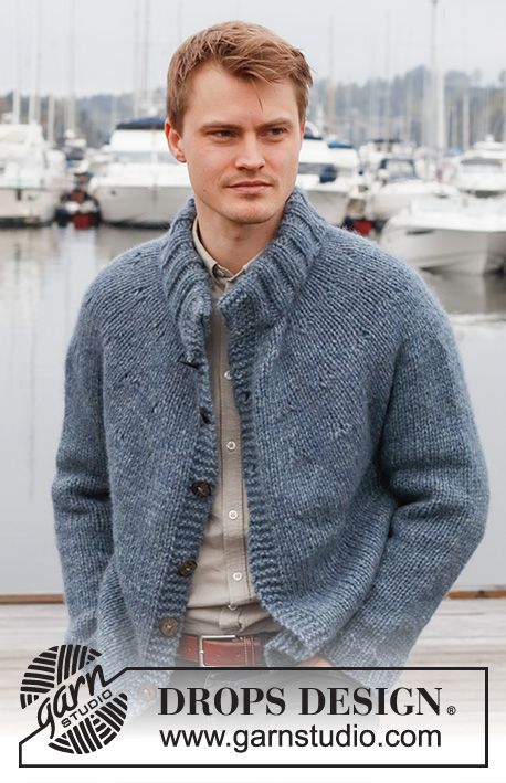 Sailor Blues - Knitted jacket for men in DROPS Wish. The piece is worked top down, with round yoke and double neck. Sizes S - XXXL. Free knitting pattern DROPS 224-8 Mens Knit Sweater Pattern, Mens Knitted Cardigan, Cable Knit Sweater Pattern, Fluffy Light, Mens Knit Sweater, Loose Coat, Knitted Jacket, Loose Coats, Jacket For Men