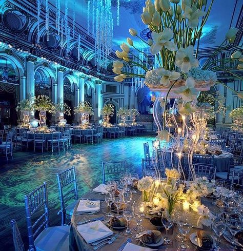 Underwater wedding decor Little Mermaid Wedding, Wedding Reception Lighting, Flowers And Candles, Sea Wedding, Blue Wedding Inspiration, Blue Lighting, Under The Sea Theme, Table Set Up, Sea Theme