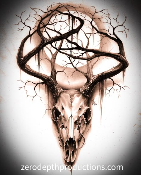 Night moon deer buck skull hunting hunter nature tree brances creepy horror full moom design art tattoo idea by Jackie Rabbit Decaying Deer Tattoo, Mule Deer Skull Tattoo, Deer Skull Hand Tattoo, Deer Skull Back Tattoo, Cailleach Tattoo, Deer With Wings Tattoo, Deer Skull Knee Tattoo, Animal Skull Hand Tattoo, Elk Skull Art