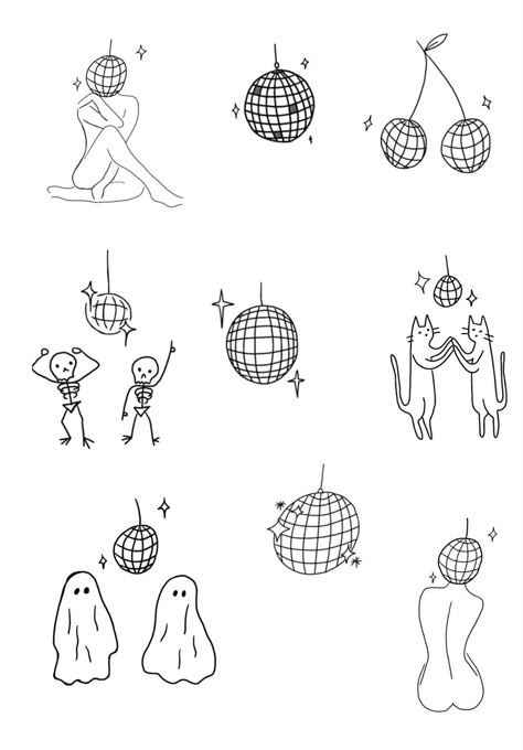 put together by me Stars By The Pocketful Tattoo, Tattoo Ideas For Roommates, Small Tattoo Ideas Random, Mirrorball Tatoos, Mini People Tattoo, Doodle Tattoos For Women, Mirrorball Tattoo Design, Mirrorball Sketch, Cute Linework Tattoo