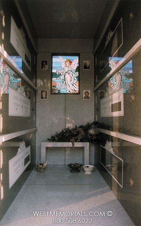 West Memorials - interior view of Freede Family mausoleum Small Mausoleum Modern Design, Mausoleum Modern Design, Monastery Architecture, Mausoleum Design, Jomo Kenyatta, Grave Monuments, Tombstone Designs, Interior View, Memorial Ideas