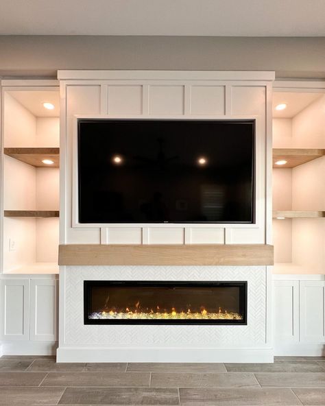 Media Wall Ideas With Electric Fireplace, Electric Fireplace With Board And Batten, Herringbone Electric Fireplace, Shiplap Fireplace With Tv Built Ins, Shiplap Linear Fireplace With Tv, Built In Tv Wall Unit With Fireplace Bedroom, Built In Mantle With Electric Fireplace, Electric Fireplace Floating Shelves, Build Out Electric Fireplace