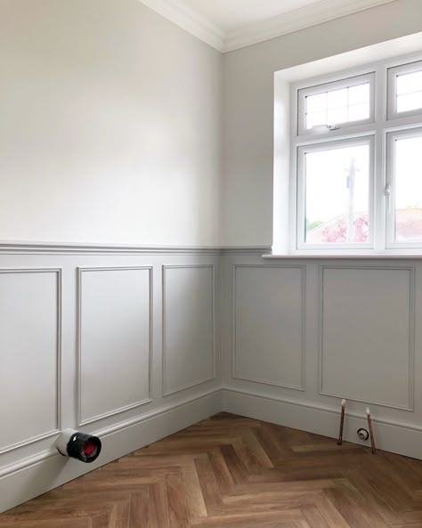 Small Hall Panelling, Wall Panelling Around Window, Panelled Walls With Windows, Grey Half Wall Panelling, Painting Half Paneling Walls, Double Height Panelling, Dado Wall Panelling, Home Office Panelling, Wallpaper And Wall Panelling