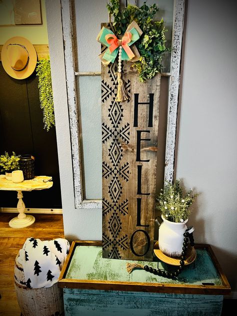 Aztec Welcome Sign | Rustic Farmhouse Welcome Porch Sign by GigersGiftsLLC on Etsy Front Door Signs Wooden, Summer Porch Signs, Welcome Porch Sign, Vinyl Stencil, Last Five Years, Door Signs Diy, Wooden Welcome Signs, Front Porch Signs, Porch Welcome Sign