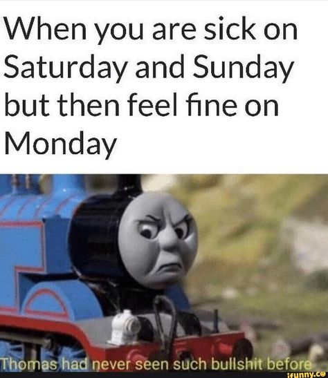 When you are sick on Saturday and Sunday but then feel ﬁne on Monday – popular memes on the site iFunny.co #thomasthetankengine #tvshows #thomasthetankengine #choochoo #dankmemes #dank #stolen #stolenmeme #when #saturday #sunday #then #feel #ne #monday #pic Funny Sick Memes, Sick Meme, Funny Monday Memes, Funny Monday, Monday Memes, Monday Humor, Going To School, Thomas The Tank, Thomas The Train