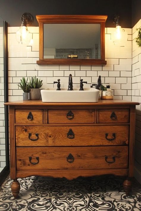 "Turn an old dresser into a Custom Bathroom Vanity for a stylish update! 🛠️🚿 Ideal for a rustic, farmhouse feel. #DIYVanity #RepurposeProjects #FarmhouseBathroom" Antique Vanity Bathroom Sink, Sink On Antique Dresser, Recycled Vanity Bathroom, Dresser As Sink Vanity, Bathroom Vanity Old Dresser, Wooden Bathroom Vanity Antique, Furniture Sinks Bathroom, Bathroom With Dresser Vanity, Old Dresser Bathroom Vanity Bowl Sink