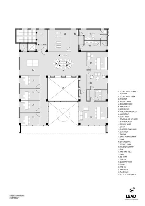 Gallery of INVESTRIBE Office Building / Living Edge Architects and Designers (LEAD) - 22 Office Building Lobby Entrance, Administrative Building Design, Office Building Layout Plan, Art Gallery Floor Plan Layout, Office Building Design Plan, Art Studio Plan Architecture, Admin Office Floor Plan, Office Plans Layout, Office Building Architecture Plans