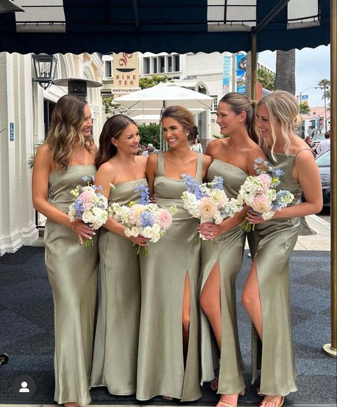 Light Green Bridesmaid Dresses, Moss Green Wedding, Bridesmaid Dress Color Schemes, Olive Bridesmaid Dresses, Olive Green Bridesmaid Dresses, Sage Green Bridesmaid, Silk Bridesmaid Dresses, Spring Bridesmaid Dresses, Green Bridesmaid Dress