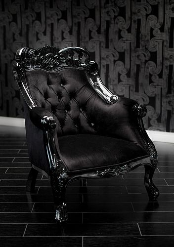 4009 BLACK VELVET BAROQUE TUFTED CHAIR WITH SWAROVSKI CRYSTALS  This divine French inspired chair is painted with a black lacquer finish, upholstered in beautiful black velvet and tufted with dazzling Swarovski crystals for that classic monochromatic appeal with a touch of glam.  As with many of our items, it can be customized to make it truly unique and yours alone! Gothic Furniture, Tufted Chair, Goth Home Decor, Goth Home, Goth Decor, Deco Originale, Black Chair, Dark Home, Gothic Home