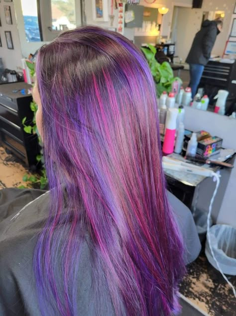 Pink And Purple Mixed Hair, Ombre Hair Purple And Pink, Black Hair With Pink And Purple Streaks, Pink Purple Hair Highlights, Black Purple Pink Hair, Pink And Purple Peak A Boo Hair, Dark Purple Hair With Pink Highlights, Pink Purple And Brown Hair, Pink And Purple Highlights On Black Hair