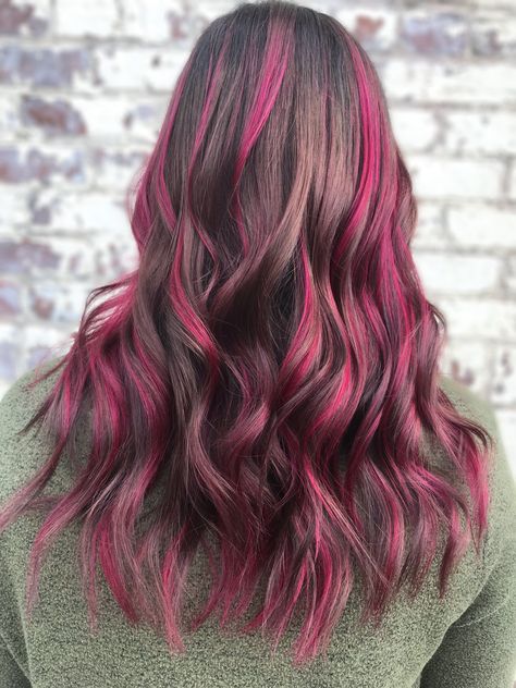 Streak Of Color In Hair Brown, Brown Hair With Colors Peekaboo, Pink Hair In Brown Hair, Fun Hair Color Short Hair, Neon Pink Highlights In Brown Hair, Pink Pikaboo Highlights, Pink In Brunette Hair, Pink Streaks In Light Brown Hair, Dark Brown And Pink Hair Peekaboo Highlights