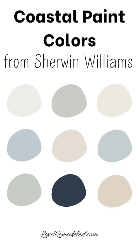 These are the best coastal paint colors from Sherwin Williams.  These beachy paint colors can be used to develop your own coastal paint palette. Beach House Bathroom Paint Colors, Bm Shoreline Paint, Beach House Sherwin Williams Paint, Coastal Palette Sherwin Williams, Best Beachy Paint Colors, Sherwin Williams Misty Color Palette, Coastal Blue Exterior Paint Colors, Coastal Furniture Paint Colors, Stardew Sherwin Williams Exterior