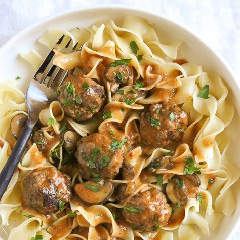 Turkey Meatball Stroganoff, Turkey Meatballs Healthy, Meatball Stroganoff, Turkey Meatball, Slow Cooker Meatballs, Healthy Turkey, Turkey Meatballs, Skinny Taste Recipes, Mushroom Sauce