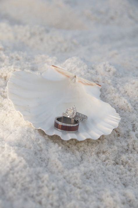 Beach wedding rings in shell..our rings in a beautiful scallop shell on the white sand in Destin FL Beach Wedding Ring Photos, Portsmouth Maine, Siren Wedding, Maine Engagement Photos, Wedding Accessories Photography, Congrats Wedding, Wedding Area, Tiana Wedding, Engagement Photo Shoot Beach