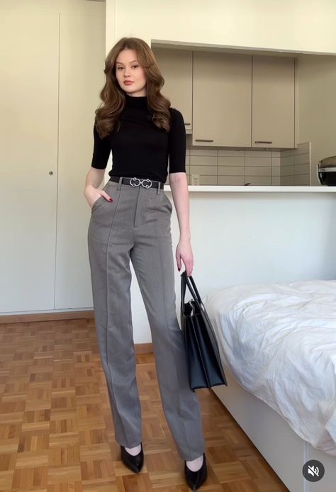 80s Fashion Office Work Outfits, Old Money Slacks Outfit, Grey Pants Business Casual Women, Apricot Shirt Outfit, How To Style Grey Slacks Women, Work Outfits Women Grey Pants, Psychiatrist Outfit Professional Women, Grey Business Pants Outfit, Grey Classic Pants Outfit