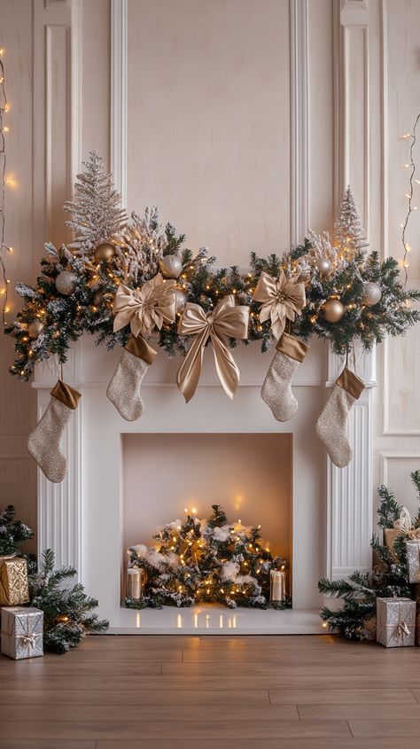 Elegant white fireplace adorned with a gold and silver garland, bows, and greenery, creating a luxurious Christmas decor scene. Elegant Christmas Mantle Decor Ideas, Garland Fireplace Mantle, Mantle Christmas Decor Ideas, Christmas Mantle Ideas, Holiday Fireplace Decor, Mantle Decorating Ideas, White Stone Fireplaces, Rustic Stone Fireplace, Mantle Decorating