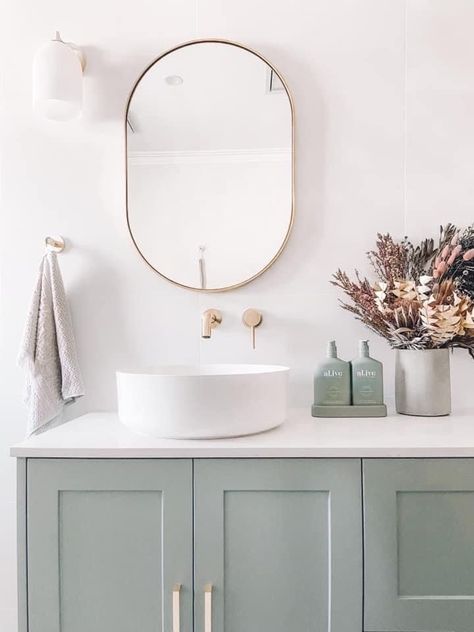 Green Bathroom Vanity, Green Vanity, Downstairs Bathroom, Upstairs Bathrooms, Bathroom Inspo, Green Bathroom, Bathroom Renos, Laundry In Bathroom, Bathroom Style