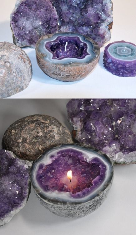 Diy Crystal Candles, How To Make Crystal Candles, Diy Crystal Candle Holder, Diy Herb Candles, Geode Candle Holder, Candles With Crystals, Geode Candle, Quartz Candle Holder, Amethyst Candle