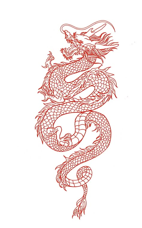 Red Dragon Tattoo Thigh, Red Linework Tattoo, Traditional Chinese Dragon Tattoos, Red Dragon Tattoo Design, Thigh Dragon Tattoo, Dragon Tattoo Upper Arm, Dragon Tattoo Red, Dragon Thigh Tattoo, Red Dragon Tattoo