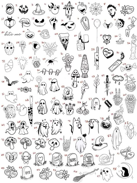 Halloween Finger Tattoos For Women, Mini Witchy Tattoos, Spooky Outline Tattoos, Minimal Halloween Tattoo, Halloween Tiny Tattoo Flash Sheet, Cute Small Halloween Tattoos For Women, Halloween Tattoo Ideas Small Simple, Y2k Simple Tattoo, Small Witchy Tattoos Simple