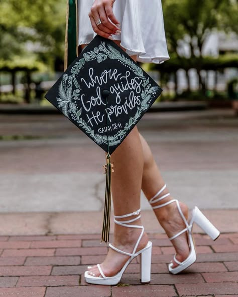 Bible Verse Graduation Cap, College Cap Decorations, Bible Verse Graduation, Graduation Cap College, Graduation Cap Pictures, Nurse Graduation Cap Designs, Where God Guides He Provides, Heels Photoshoot, High School Graduation Cap Designs