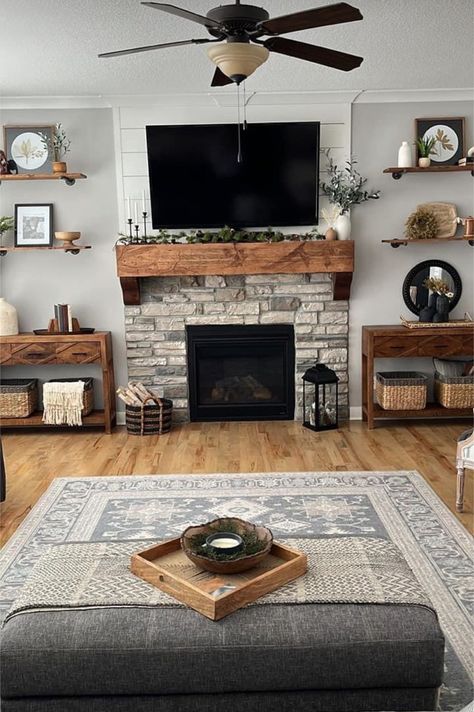 Wall Living Room Ideas, Decor For Fireplace, Cozy Living Room Decor, Living Room Decor Farmhouse, Tv Over Fireplace, Storage Living Room, Room Ideas Living Room, Farmhouse Living Room Decor, Room Decor Farmhouse