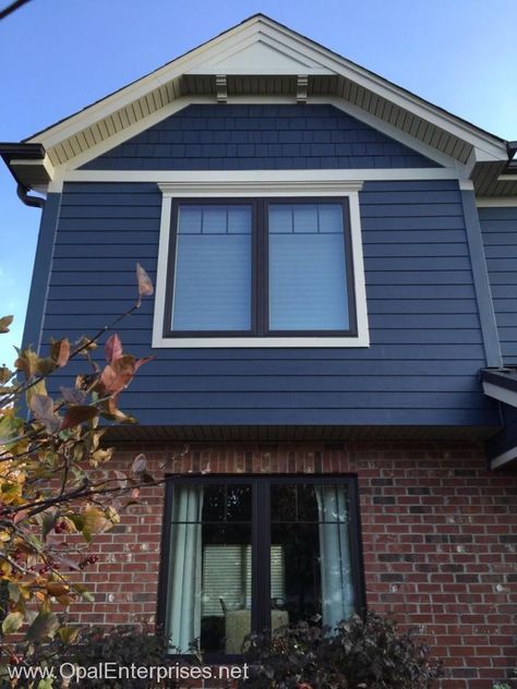 Deep Ocean James Hardie Siding paired with brick & Andersen Windows Gable Detail, Exterior Home Colors, Red Brick House Exterior, Exterior Siding Colors, Blue Siding, Exterior House Siding, Brick House Exterior, James Hardie Siding, Exterior Paint Ideas