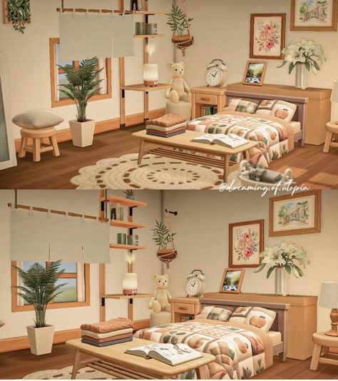 Acnl Interior Design, Acnh Cottage Bedroom, Animal Crossing Boho Bedroom, Bedroom Animal Crossing Ideas, Acnh Rattan Bedroom, Acnh Bedroom Design Cottagecore, Acnh Bed Rooms Ideas, Cute Animal Crossing Room Ideas, Acnh Small Bedroom Ideas