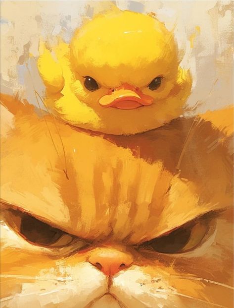 Funny Animal Art Paintings, Cat And Duck Drawing, Yellow Duck Painting, Cute Duck Drawings, Duck And Cat, Yellow Digital Art, Orange Cat Art, Duck Orange, Duck Illustration