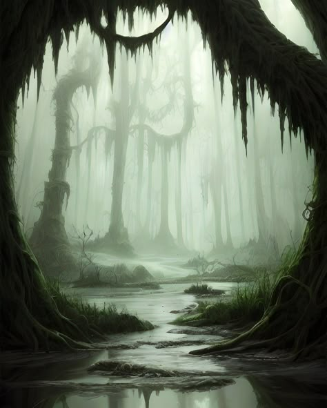 Prints art of haunted mysterious green swamp is now available. SHOP MORE HERE ! Swamp Village Concept Art, Swamp Trees Drawing, Swamp Village Fantasy Art, Swamp Aesthetic Witch, Swamp Genasi, Swamp Landscape Art, Haunted Forest Art, Fantasy Swamp Art, Swamp Aesthetic Dark