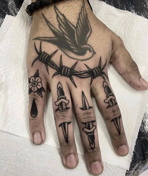 Traditional Tattoo Neck, Traditional Tattoo Filler, Bird Hand Tattoo, Inner Elbow Tattoos, Traditional Tattoo Man, Traditional Hand Tattoo, Thumb Tattoos, Hand Tattoo Designs, Tattoo Catalog