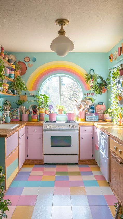 Boho kitchen with pastel colors, white tiles, colorful floor, plants, wooden cabinets, and a vibrant rainbow mural. Rainbow Tiles Kitchen, Indie Aesthetic Decor, Colorful Aesthetic Kitchen, Utilizing Space In A Small House, Floral Cabinets Kitchen, Colorful Pastel Apartment, Pioneer Woman Dining Room, Modern Colorful Kitchen Design, Rainbow Kitchen Cabinets