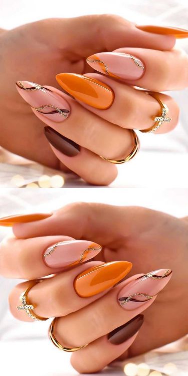 Acrylic Nails Glossy, Fall Press On Nails, Orange Acrylic Nails, Cover Nails, Almond Press On Nails, Nails Orange, Kutek Disney, Unghie Sfumate, Orange Nail Designs