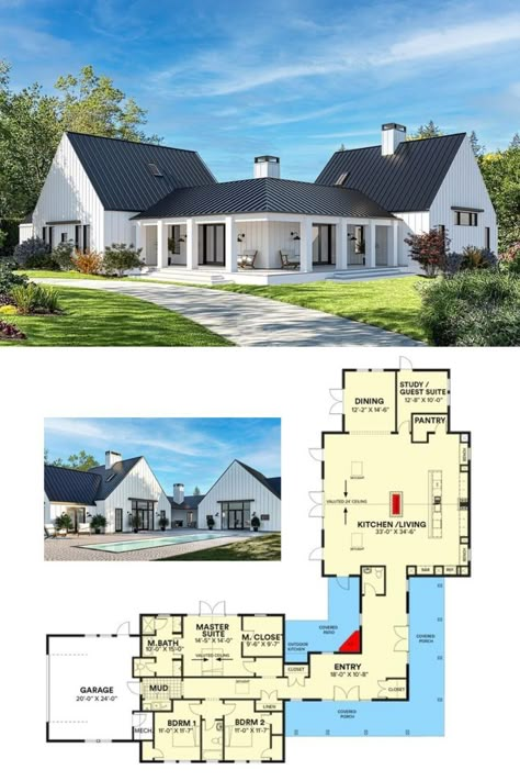 Triangular Lot House Plan, 3 Bedroom Ensuite House Plans, 1 Story Ranch Style Homes, Country Luxury Homes, 4 Bedroom L Shaped House Plans, Modern Home With Wrap Around Porch, Y Shaped House Plans, 4 Bedroom U Shaped House Plans, House Plans With Center Courtyard