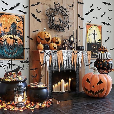 Bat Wall Decor Halloween Decorations, Cheap Halloween Party, Pelottava Halloween, Halloween Living Room Decor, Halloween Fireplace, Halloween Living Room, Halloween Mantle, Halloween Fest, Diy Halloween Decor