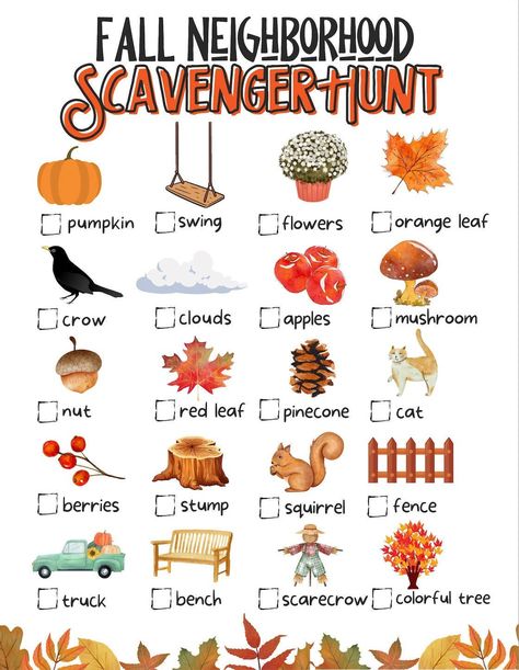 Family Fall Scavenger Hunt Ideas, November Scavenger Hunt, Preschool Fall Scavenger Hunt, Call Activities For Preschool, Fall Themed Scavenger Hunt, Halloween Scavenger Hunt In The Woods, Signs Of Fall Scavenger Hunt, October School Age Activities, Fall Picture Scavenger Hunt