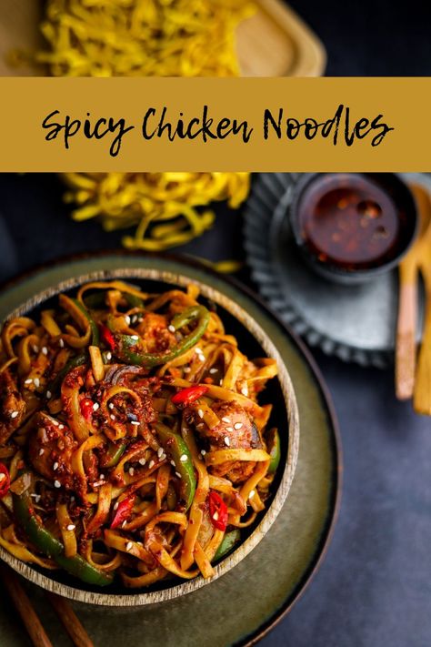 Spicy Chicken Noodles Spicy Noodles And Chicken, Spicy Noodles With Chicken, Spicy Asian Noodles With Chicken, Spicy Chicken Noodles Recipe, Spicy Chicken Stir Fry With Noodles, Chinese Food Recipes Chicken Noodles, Spicy Stir Fry Chicken, Spicy Chicken Noodle Recipes, Chicken Thigh Noodle Recipes