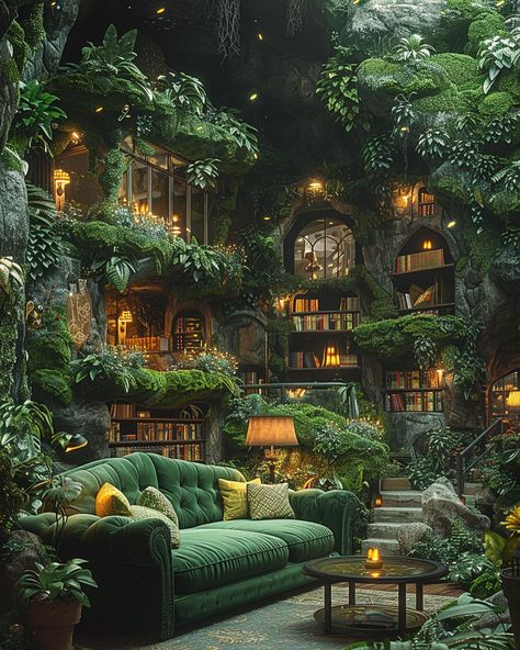 Embrace the whisper of lush greenery; where every corner is a chapter from an enchanted forest tale 🌿✨ . . . . #homedecor #decor #homeinterior #interior #midjourneyarchitecture #midjourneyinterior #midjourney #midjourney #midjourneyart #moss #surreal #architecture #conceptart #dreams #interiordesign Surreal Architecture, Violet Room, Infinity Room, Dream Library, Jungle Room, Dark Green Aesthetic, Garden Windows, Fantasy House, Forest House