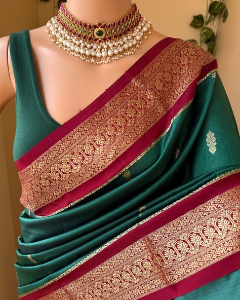 Bottle green art silk saree with contrast maroon zari border.. completely gives a traditional look by adding small thread checks all over saree. Comes with contrast maroon blouse piece. Wash care: Normal wash #artsilksarees #bottlegreensaree #greensaree #silksaree Contrast Blouse For Maroon Silk Saree, Burgundy Saree With Contrast Blouse, Wine Colour Saree With Contrast Blouse, Maroon And Green Silk Saree, Red Saree With Green Border, Bottle Green Saree, Maroon And Green, Maroon Saree, Green Color Combinations