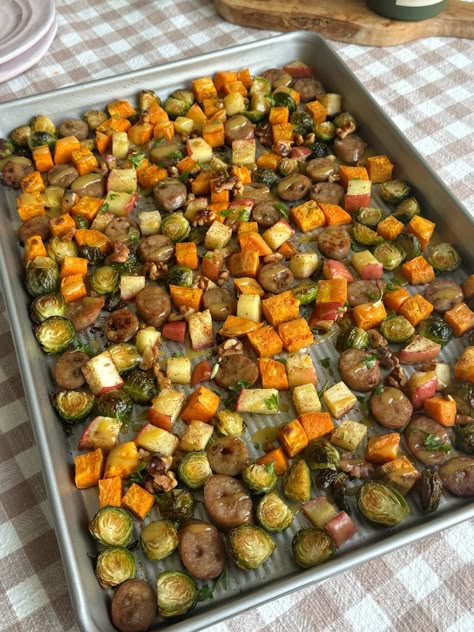 Fall Chicken Sausage Sheet Pan Meal - Dash of Mandi Sausage Sheet Pan Meal, Chicken Sausage Sheet Pan, Sweet Potato Roasted, Sheet Pan Chicken And Veggies, Pan Chicken And Veggies, Sausage Sheet Pan, Potato Roasted, Sprouting Sweet Potatoes, Chicken Sausage Recipes