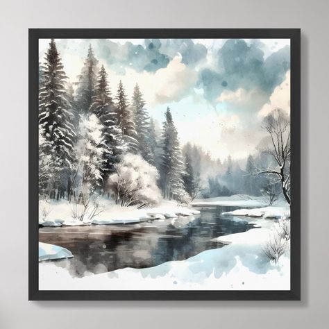 Vintage watercolor snowy winter forest poster Acrylic Winter Paintings, Winter Forest Art, Watercolor Scenes, Winter Scene Paintings, Winter Artwork, Forest Poster, Beautiful Winter Scenes, Winter Watercolor, Snowy Forest