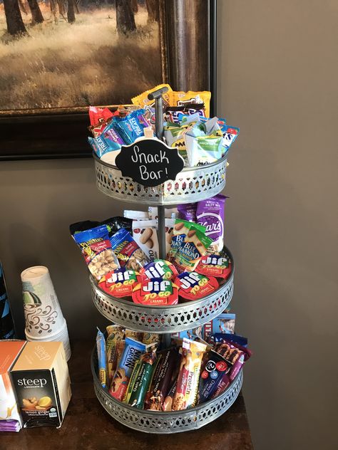 Office Snack Bar Snack Bar At Home Ideas, Snack Bar Small Space, Meeting Room Snack Bar, Staff Break Room Snack Ideas, Snack Cart Organization Ideas, Home Office Snack Station Ideas, Snack Area In Family Room, Office Snacks Station, Snack Holder Ideas For Kitchen